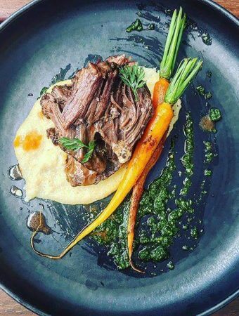 Braised beef cheeks, polenta & carrots