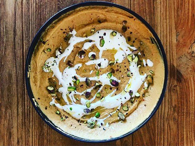 Hummus with pistachios & lemon creme fraiche