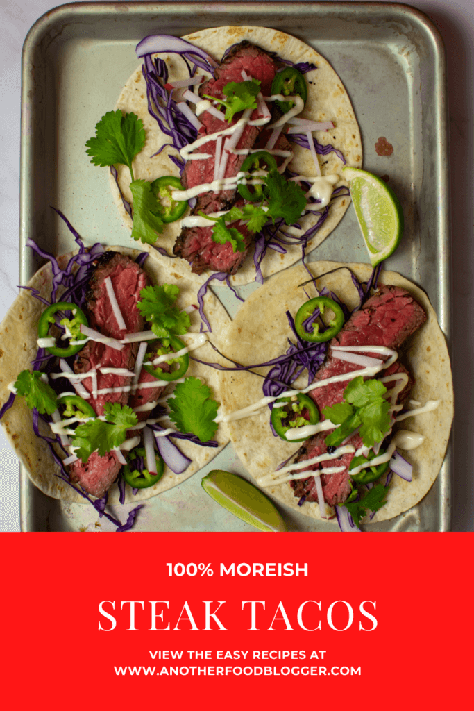 3 steak tacos - carne asada style on a tray