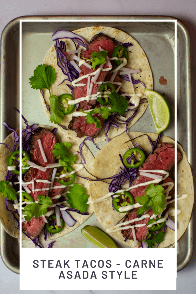 3 steak tacos - carne asada style on a tray
