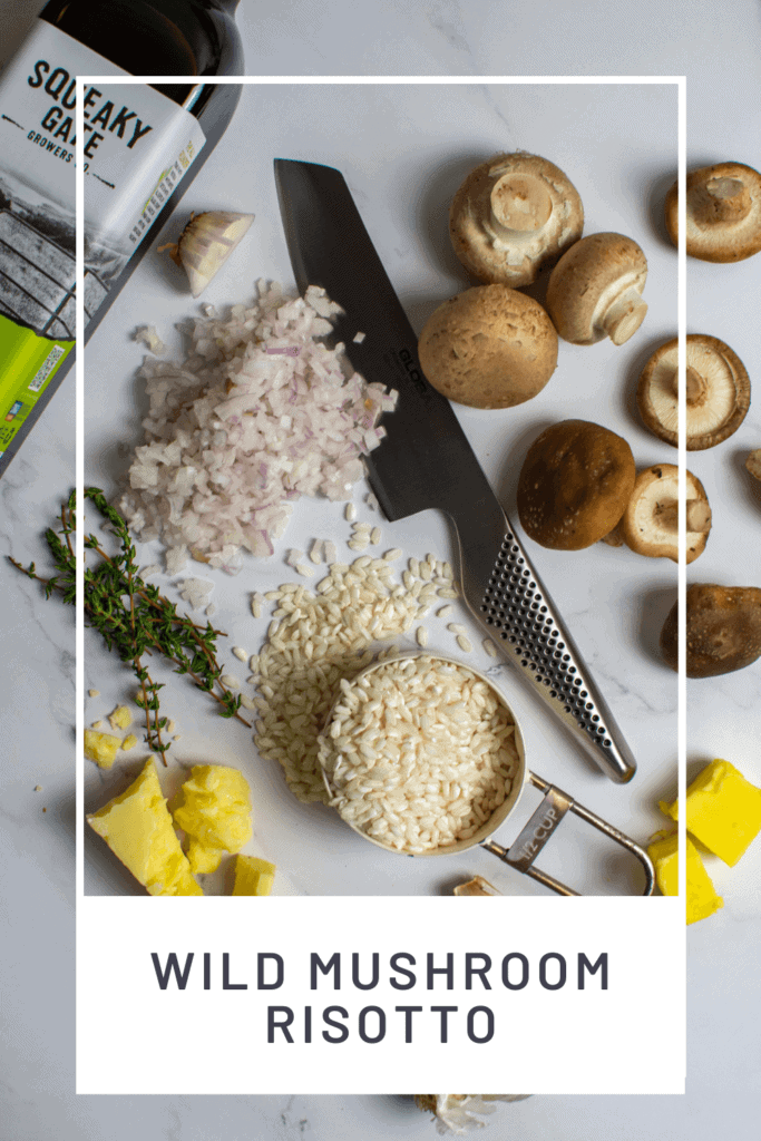 ingredients for wild mushroom risotto on kitchen counter top