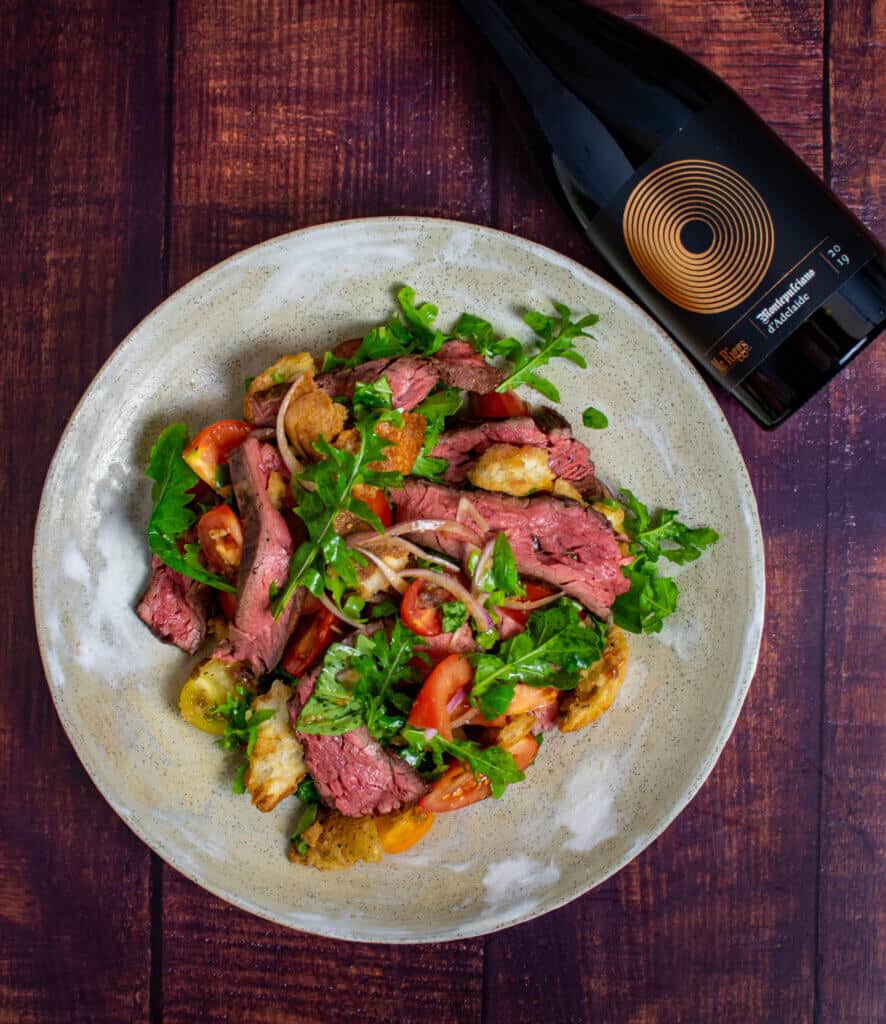 Panzanella steak salad & Mr Riggs Montepluciano wine