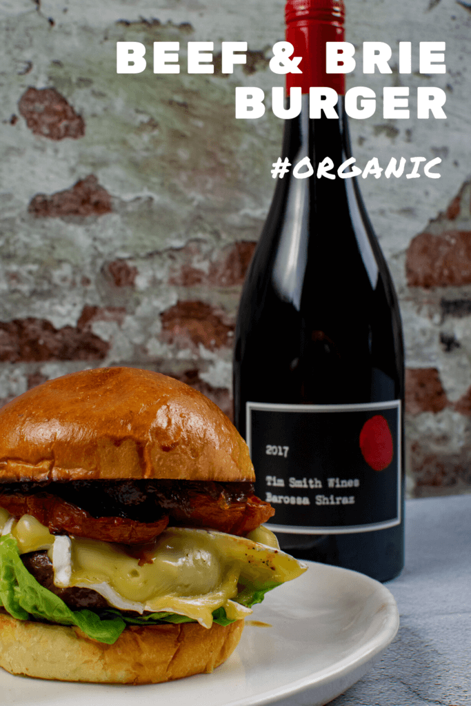 tim smith barossa shiraz and a beef burger on white plate