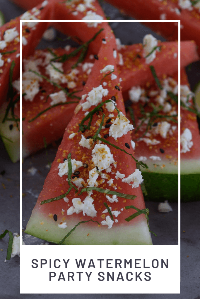 watermelon topped with togaroshi, mint & feta.