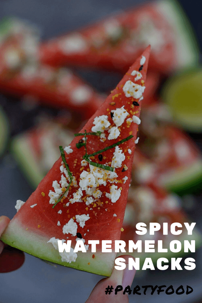 watermelon topped with togaroshi, mint & feta.