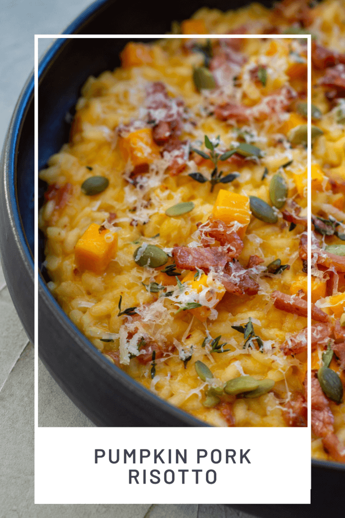 black bowl with pumpkin pork risotto in