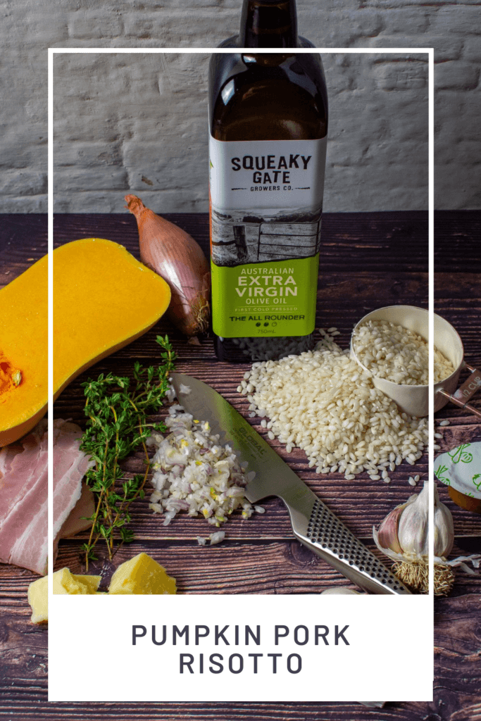 squeaky gate olive oil, pumpkin, bacon, risotto rice & a global chef knife on a table