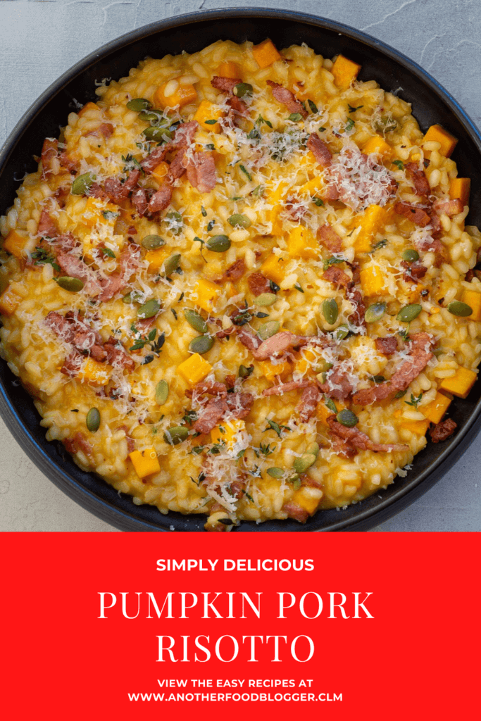 black bowl with pumpkin pork risotto in