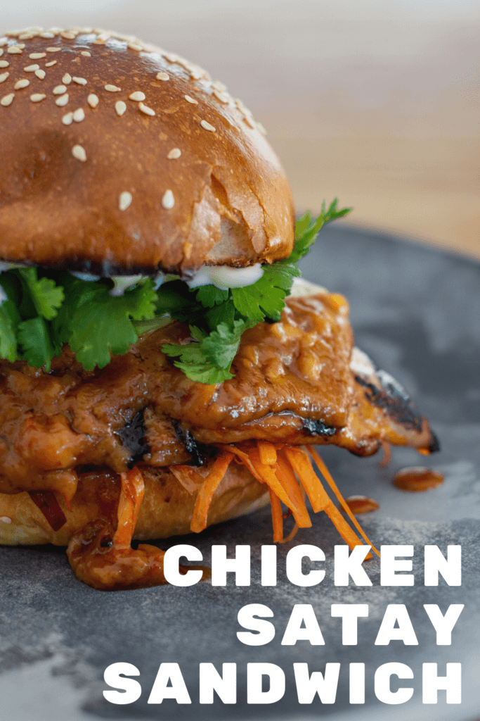 Close up of grilled chicken satay sandwich