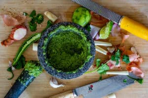 Green curry paste in the making