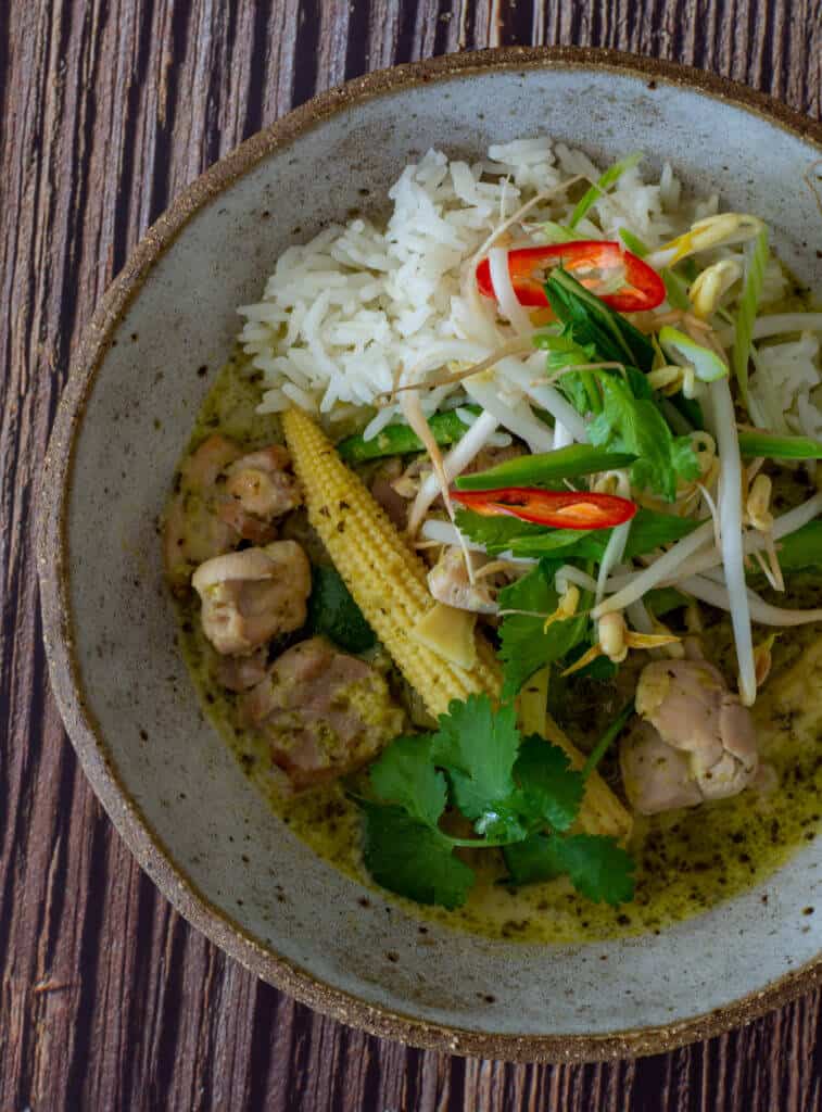 thai curry on a bowl with chicken and veg