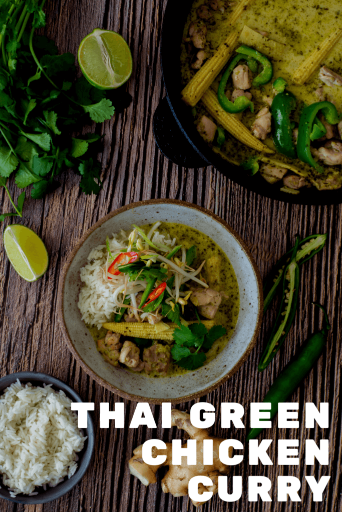 thai green curry, rice and vegetables on a plate