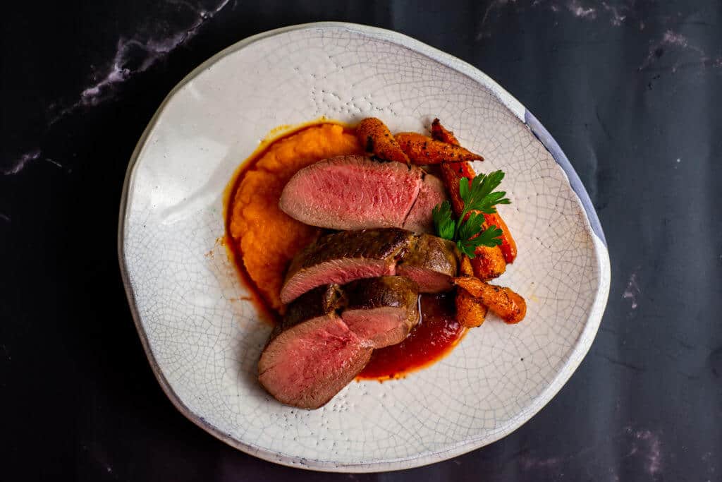 venison, carrot puree, carrots & plum bbq sauce