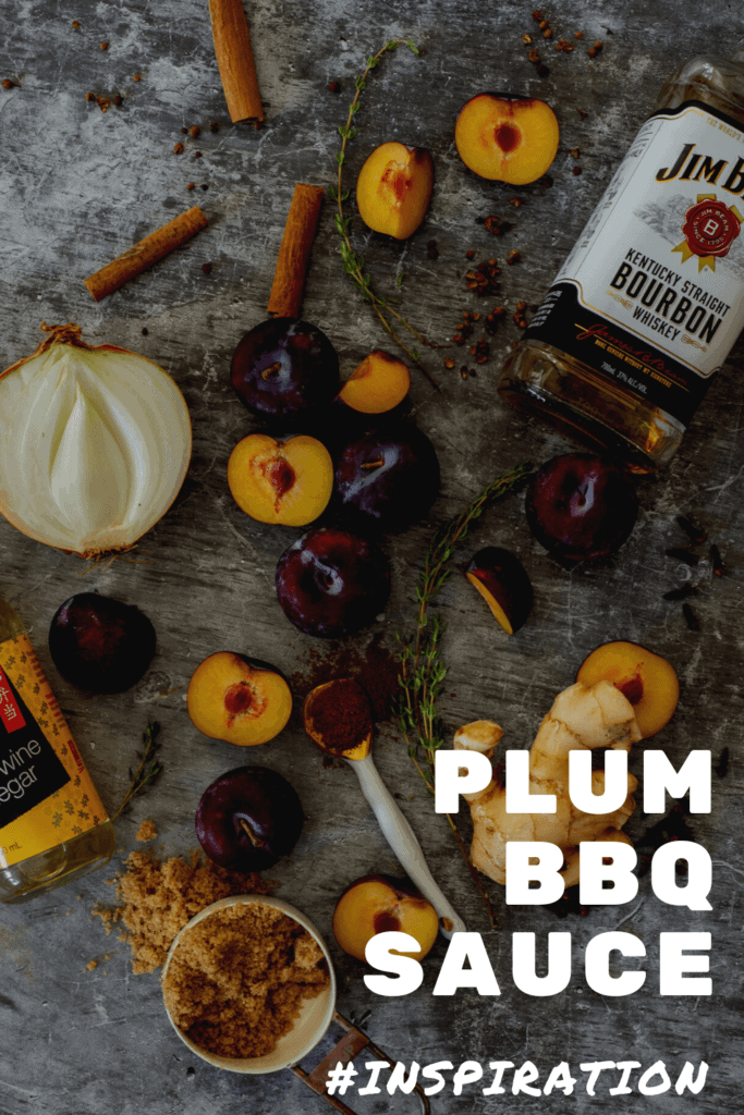 plums, bourbon, onion & spices on a vinyl mat