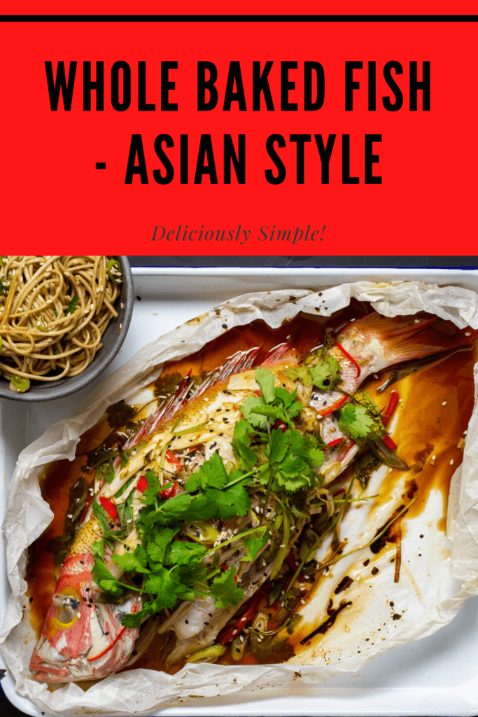 Cooked fish en papillote with bowl of noodles