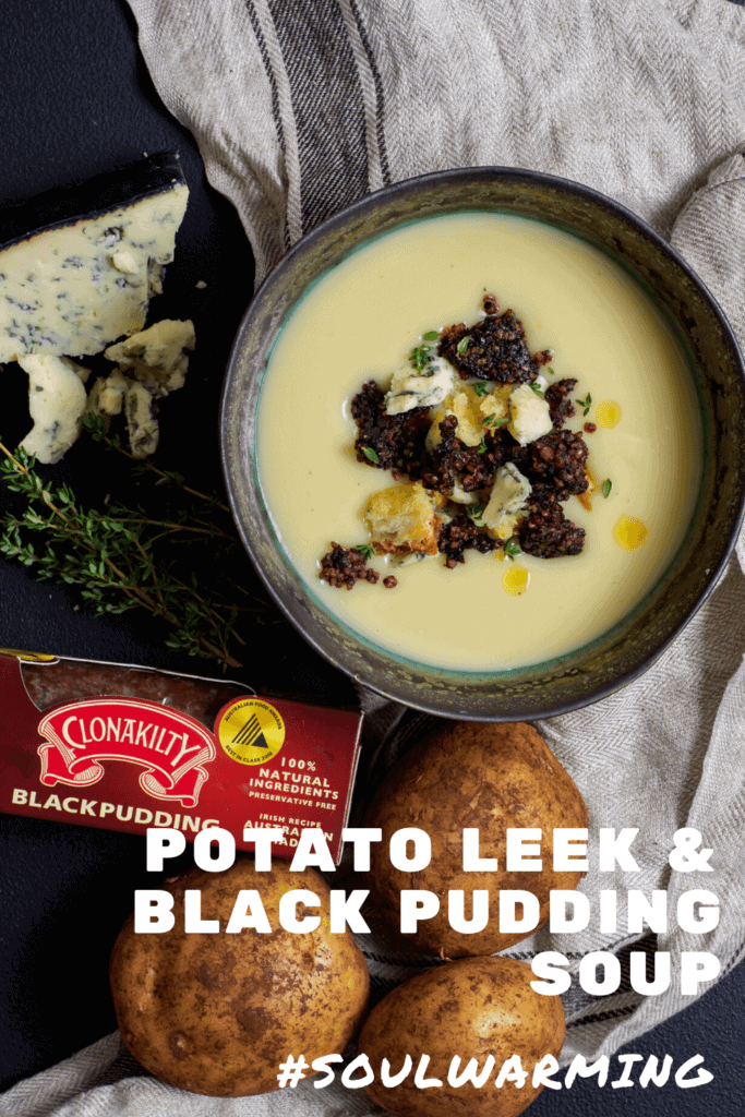 Potato & leek soup with clonakilty black pudding next to it