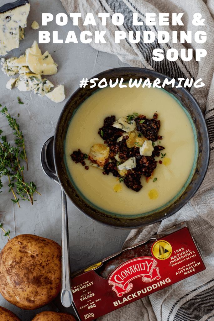 Potato & leek soup in a bowl, potato, thyme, blue cheese and black pudding on board
