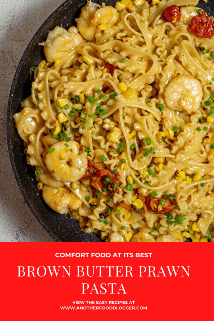 brown butter prawn pasta in frying pan