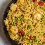 brown butter prawn pasta in frying pan