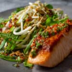 crispy salmon fillet, nam prik dressing & beansrout salad