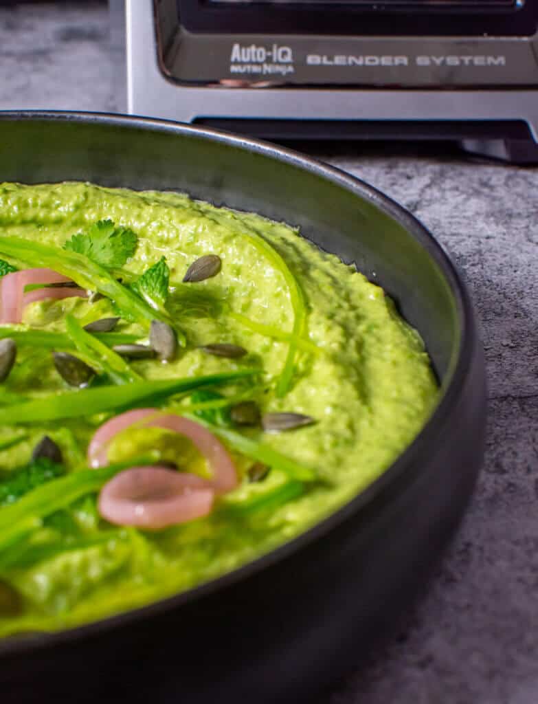 black bowl with avocado & pea hummus topped with pickled onions, pepitas, herbs & snowpeas and a ninja kitchen blender in background