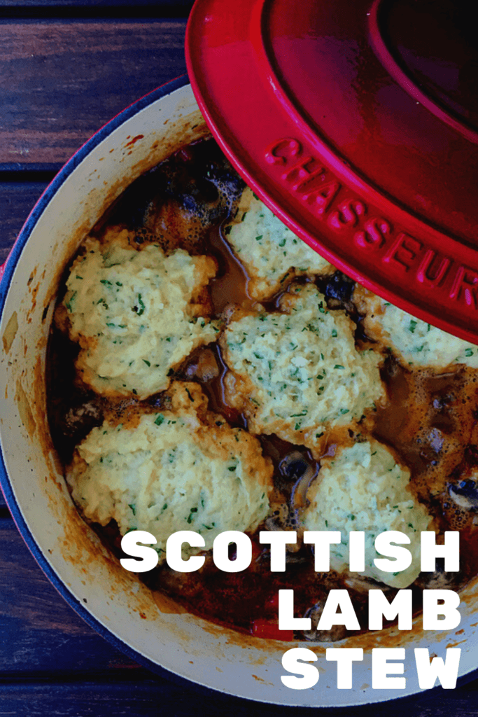 Lamb stew, dumplings in a chasseur pot