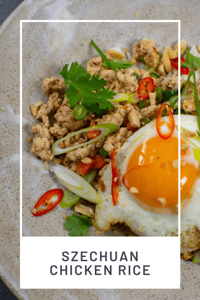 Szechuan fried chicken, rice and fried egg in a bowl