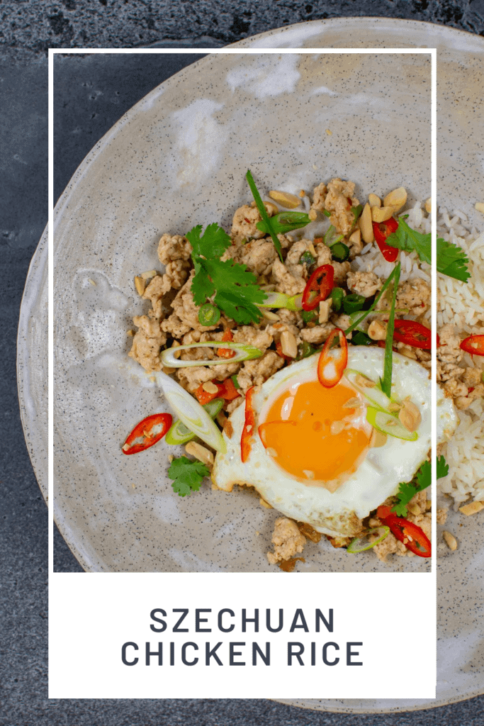 Szechuan fried chicken, rice and fried egg in a bowl