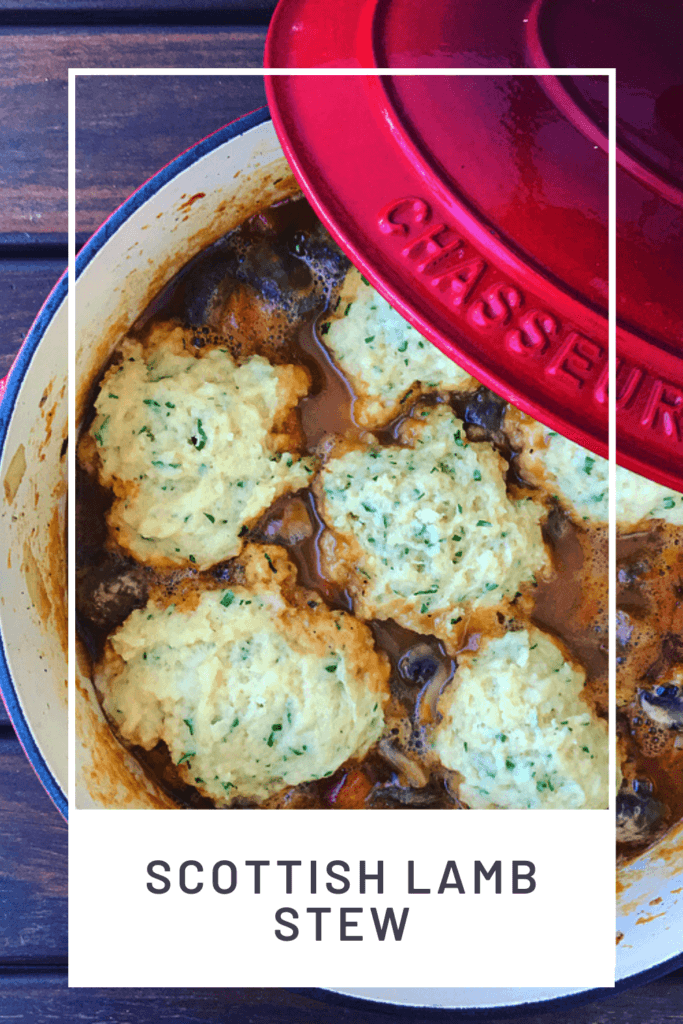 Lamb stew, dumplings in a chasseur pot