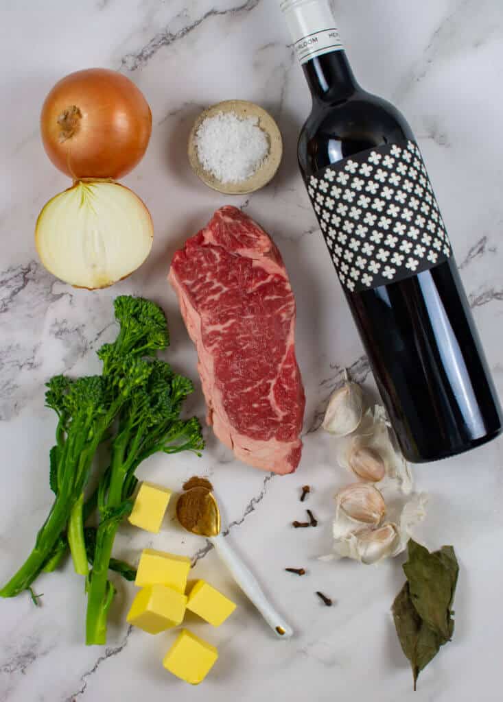 steak & onion soubise ingredients on kitchen counter