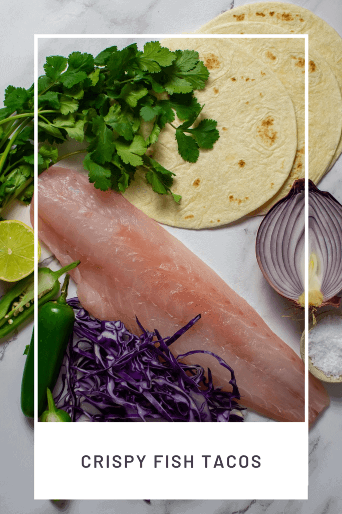 fresh snapper, tortillas, coriander, cabbage & jalapeno on counter top