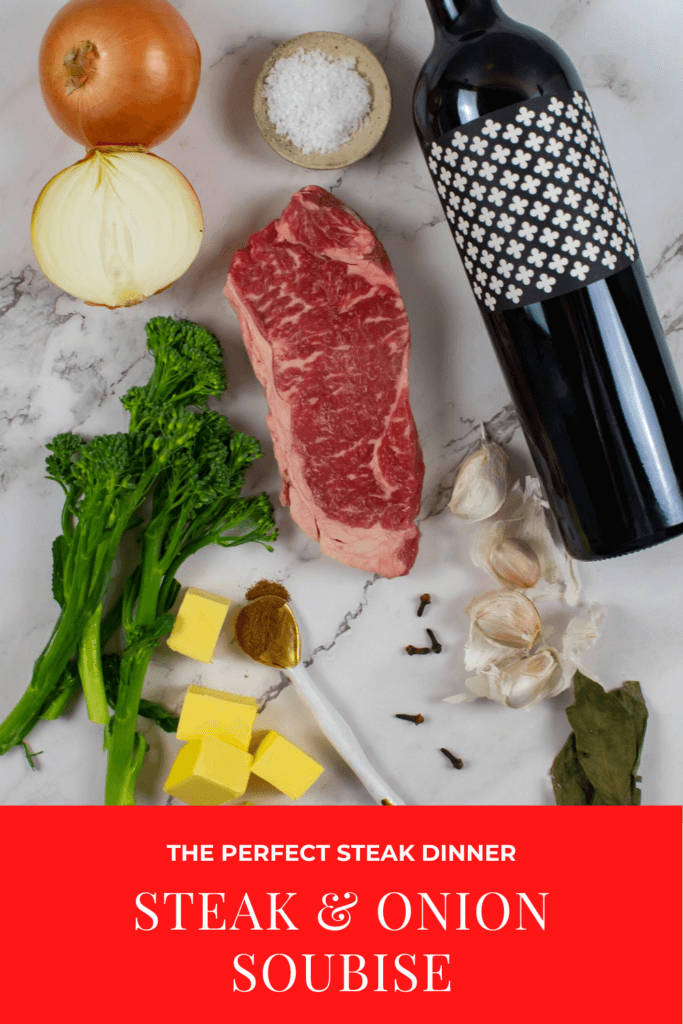 steak & onion soubise ingredients on kitchen counter