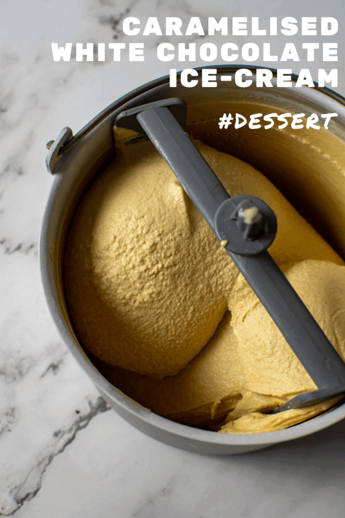 Caramelised White Chocolate Ice-Cream on kitchen counter top