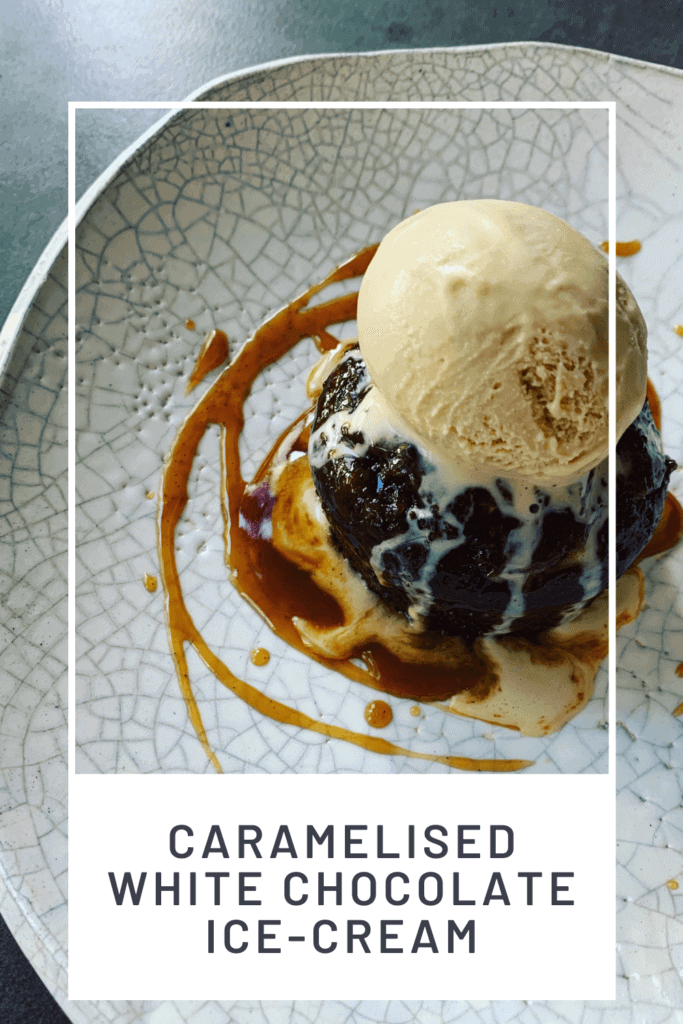 sticky toffee pudding, caramel sauce and caramelised white chocolate ice-cream