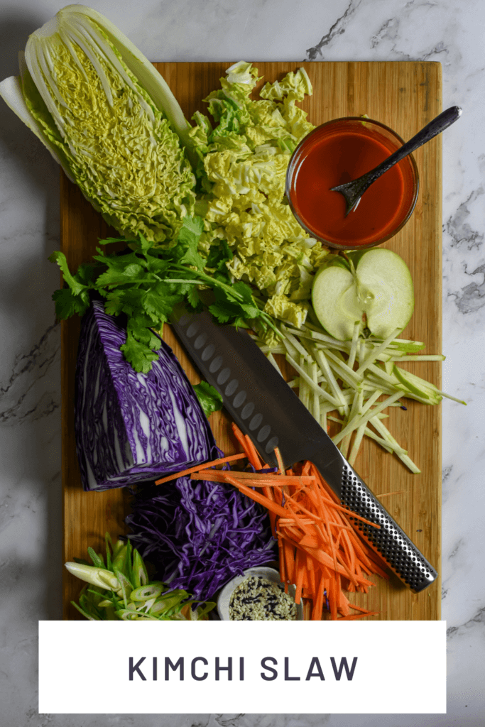 slaw ingredients, global chef knife on chopping board
