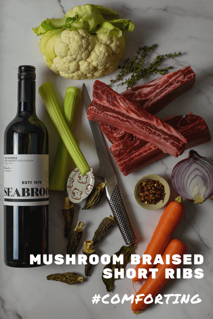 seabrook cabernet sauvignon, short ribs and vegetables on kitchen counter top