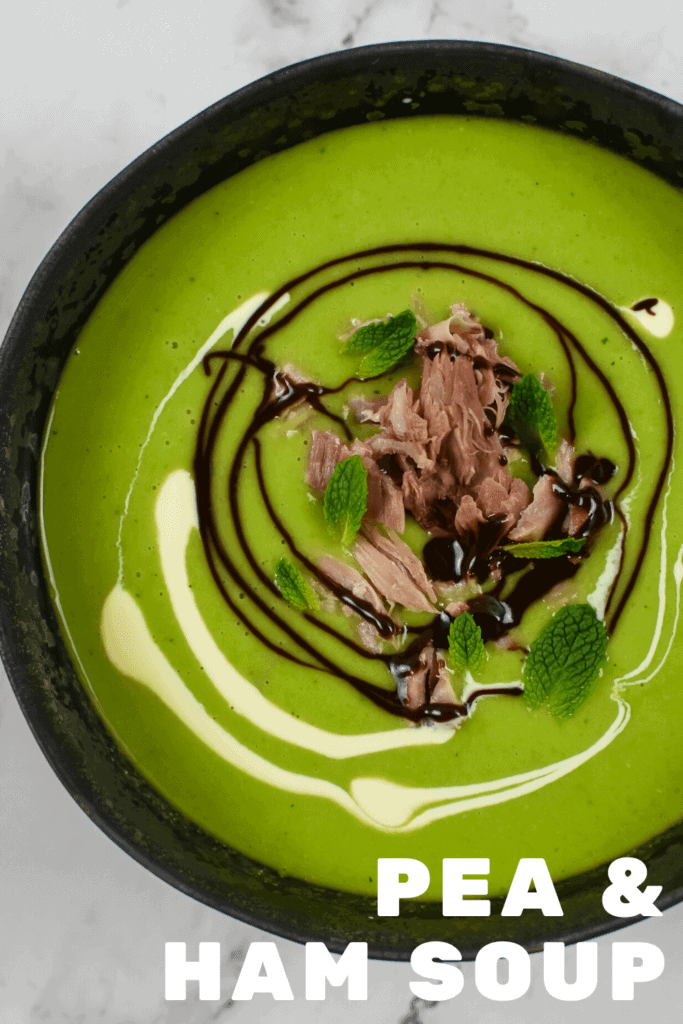 A bowl of pea & ham soup on kitchen countertop