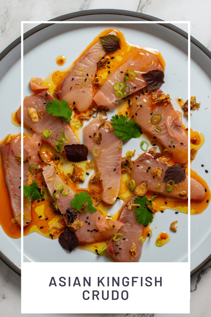 beautiful kingfish crudo on a CB2 plate