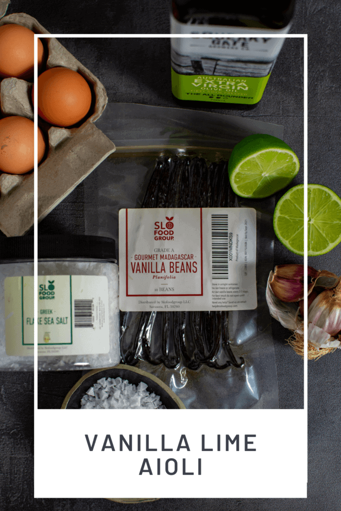 slofoodgrp vanilla, eggs, salt, lime & garlic on counter top