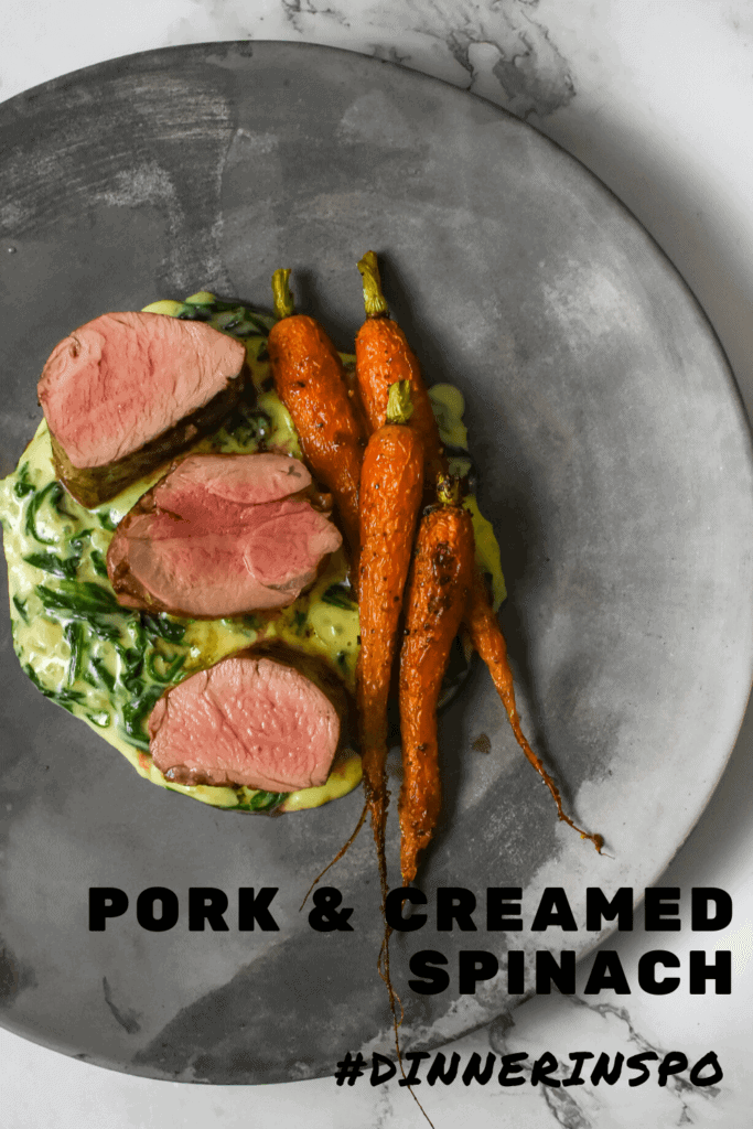 pork tenderloin, creamed spianch & carrots on a made of australia plate