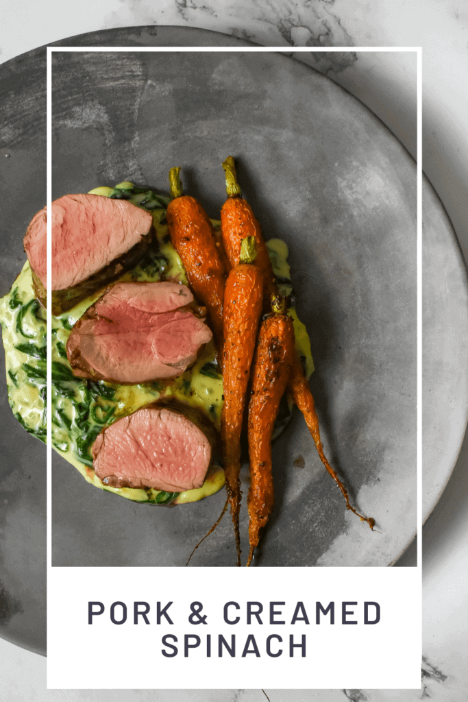 pork tenderloin, creamed spianch & carrots on a made of australia plate