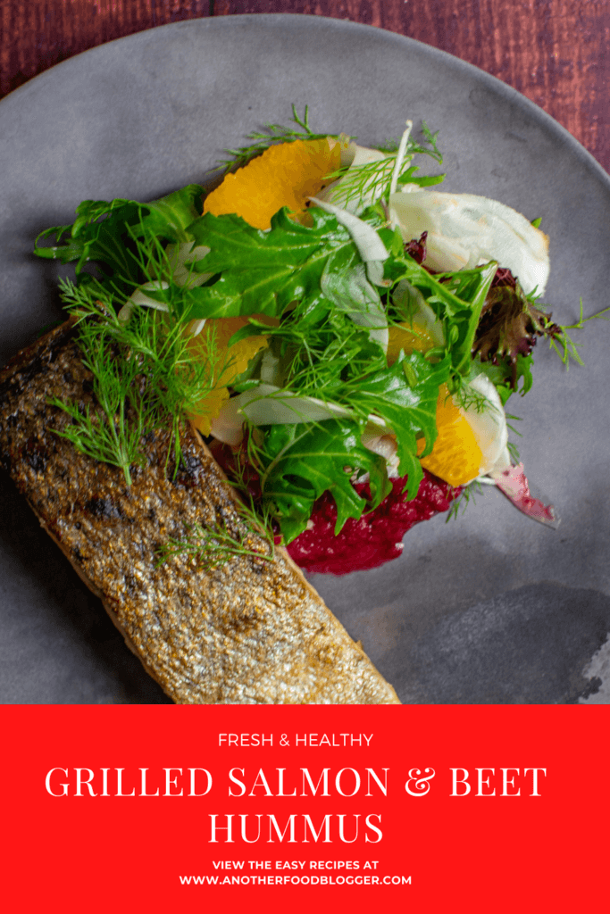 grilled salmon, beetroot hummus & fennel salad on a made of australia plate