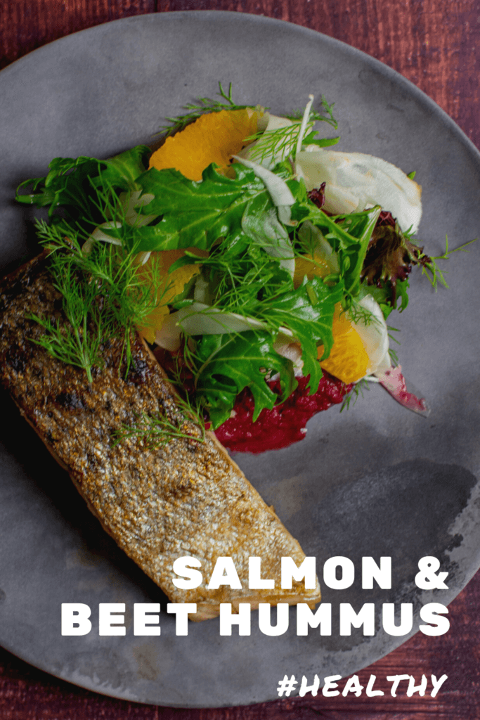 grilled salmon, beetroot hummus & fennel salad on a made of australia plate