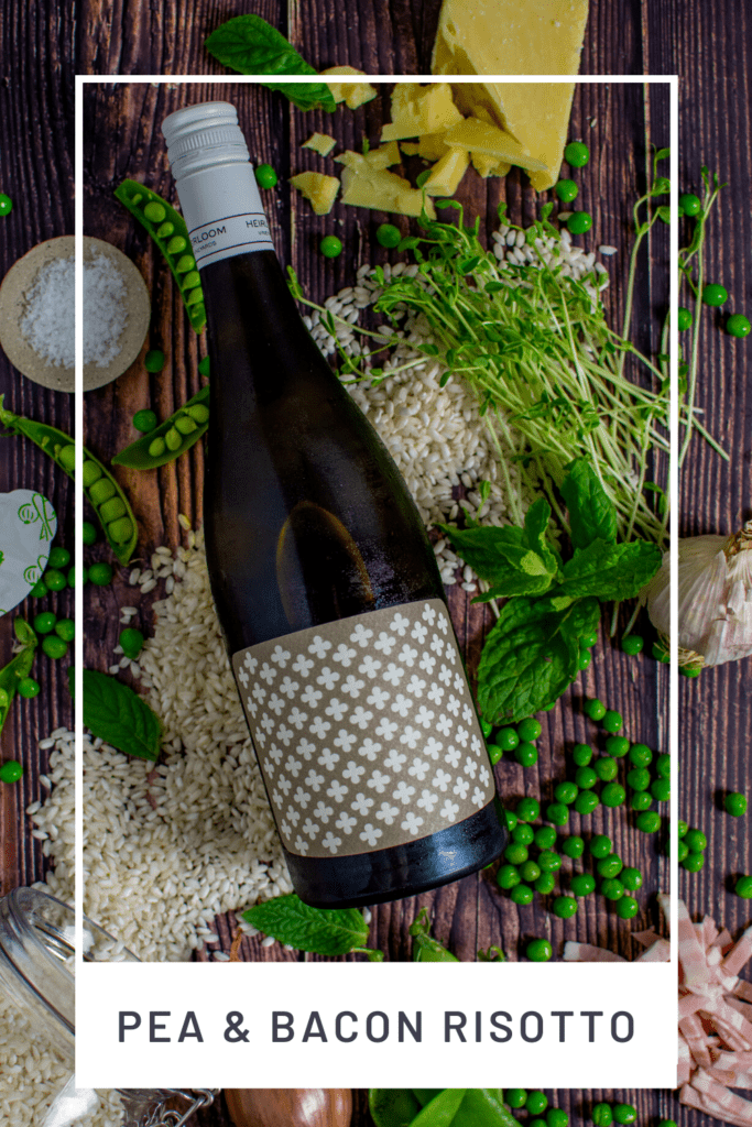 heirloom chardonnay, arborio rice & pea risotto ingredients on wooden table