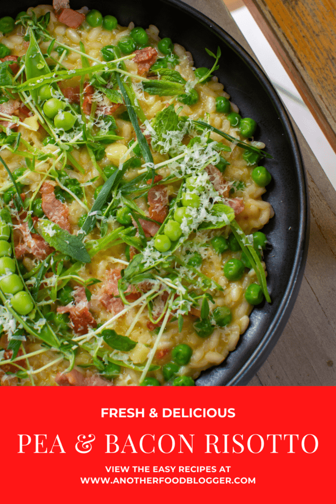 pea & baco risotto in a black bowl