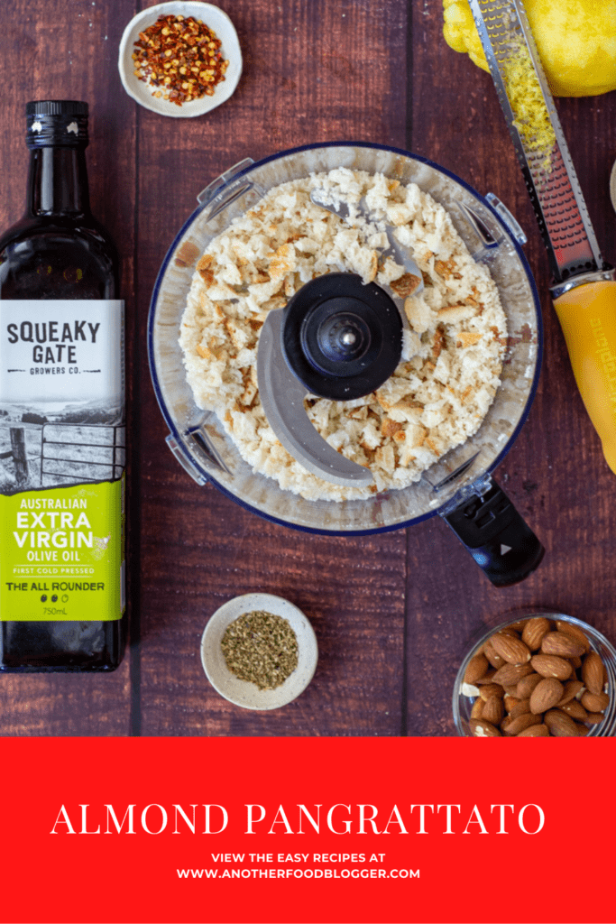 breadcrumbs, almonds, squeaky gate olive oil & lemon on a wooden table