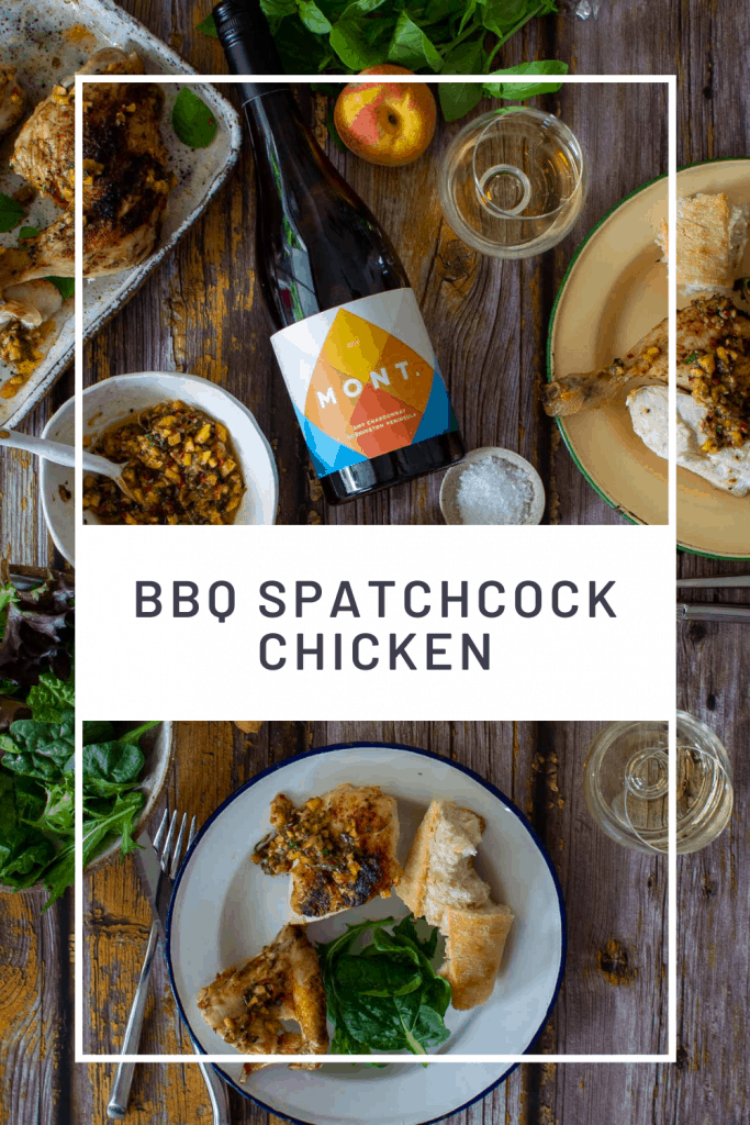 Mont wines, bbq spatchcock chicken & bread on a picnic table