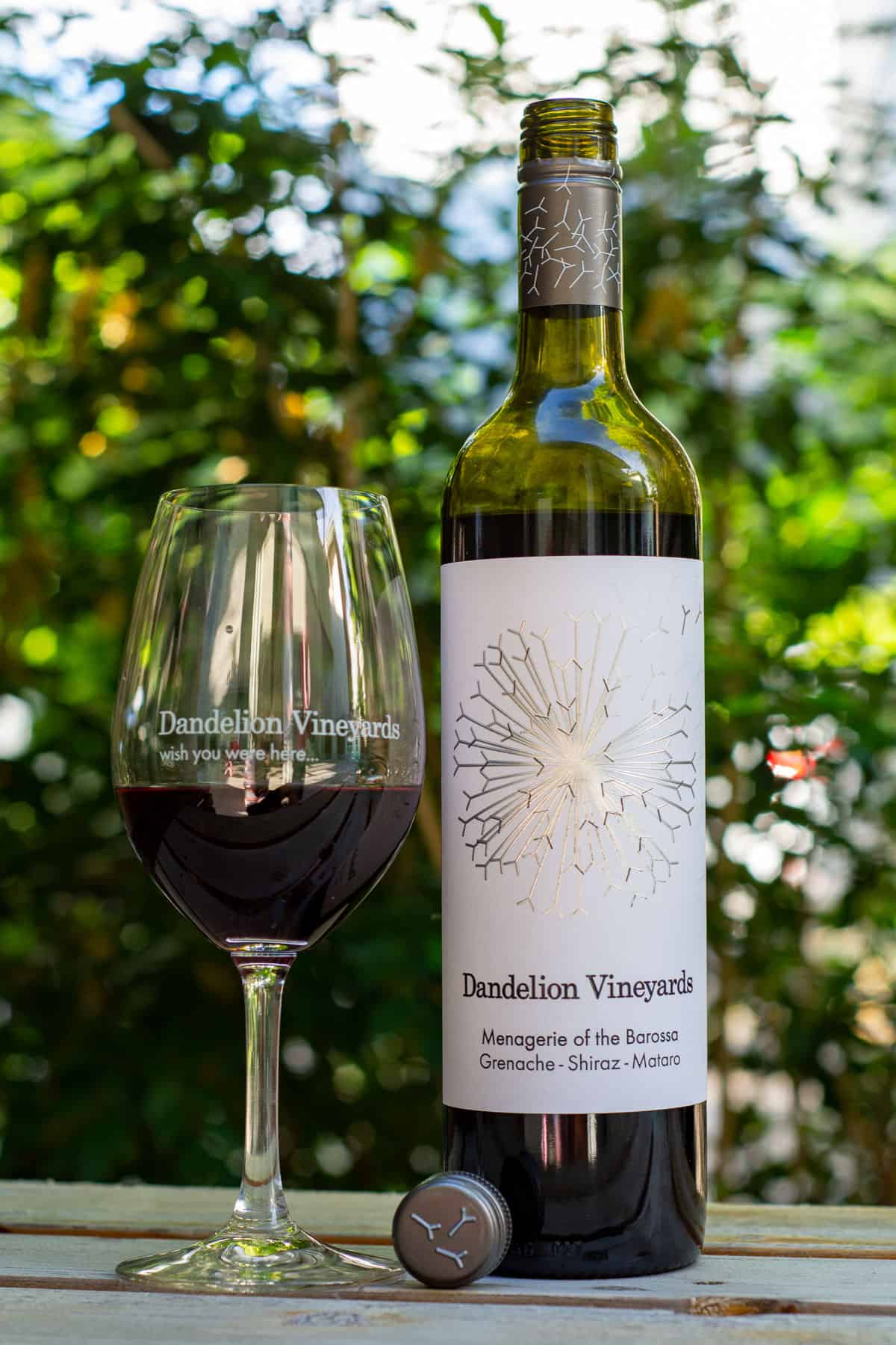 Dandelion GSM wine bottle and glass
