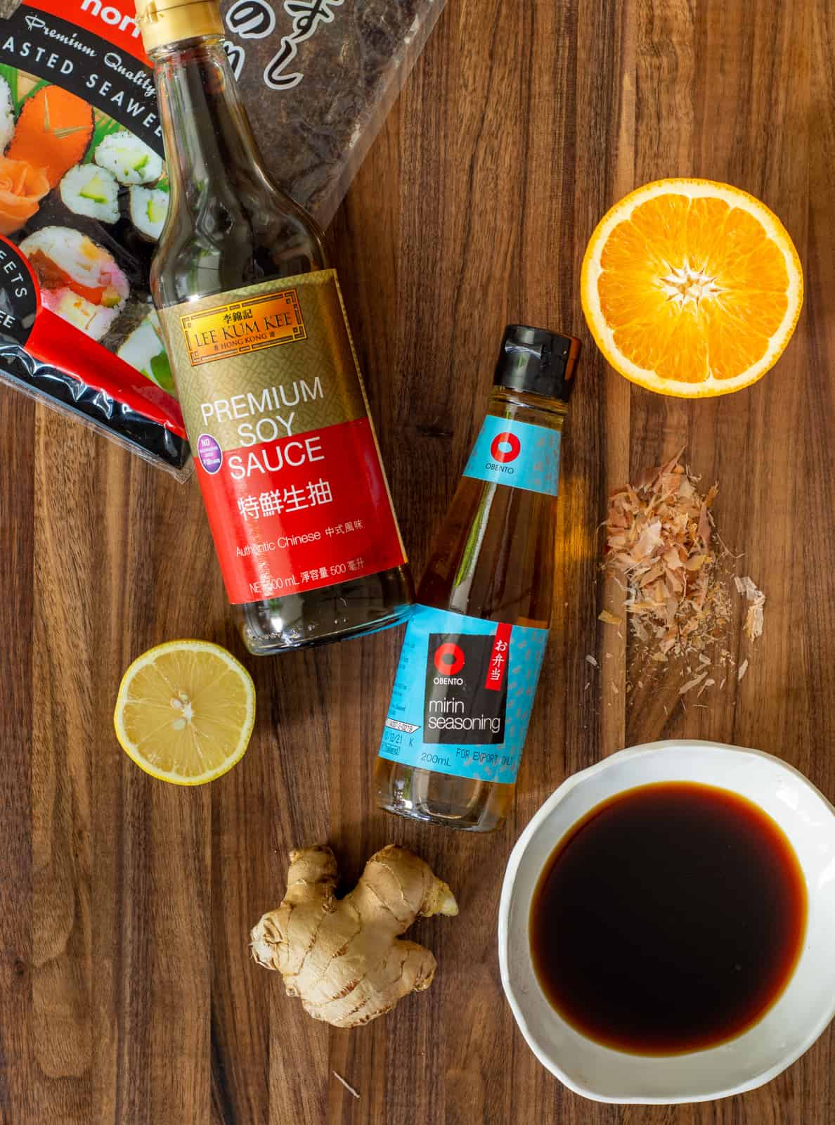 Ponzu sauce ingredients on a chopping board