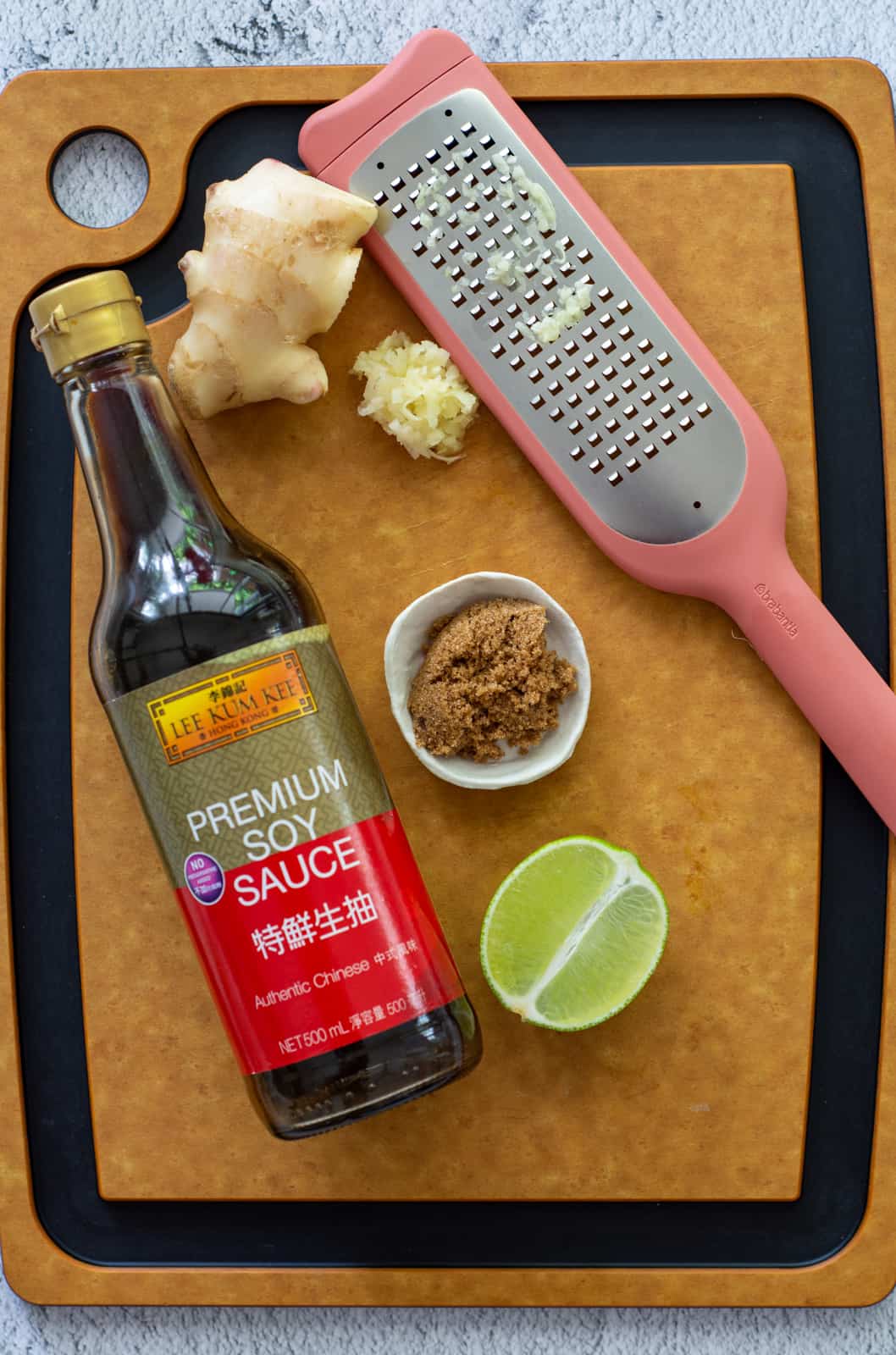asian salad dressing ingredients on a chopping board